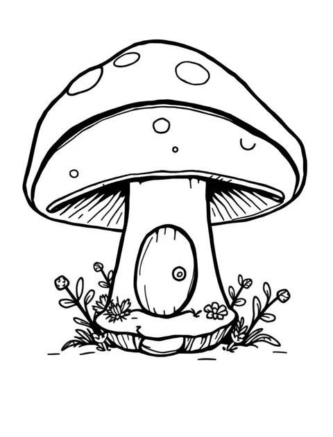 Black-and-white line-art coloring page of a cottage built inside a mushroom