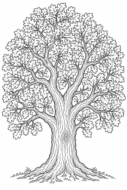 Black-and-white line-art coloring page of a large oak tree