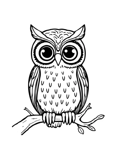 Black-and-white line-art coloring page of an owl perched on a branch
