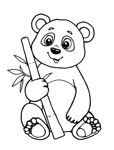 Black-and-white line-art coloring page of a panda holding bamboo