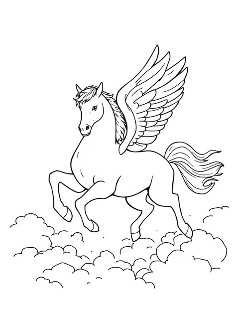 Black-and-white line-art coloring page of a winged horse in flight