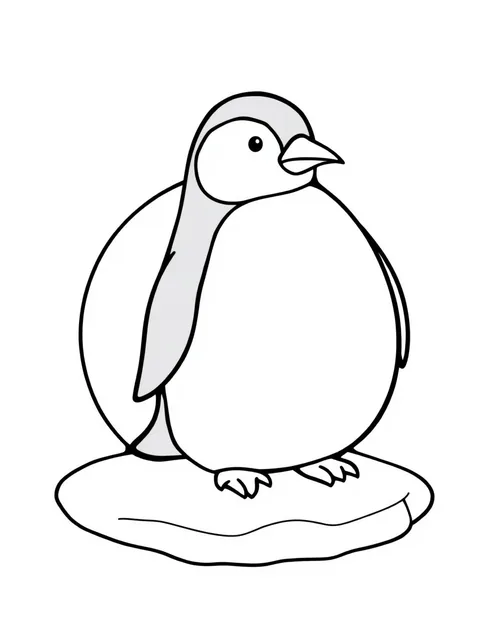 Black-and-white line-art coloring page of a penguin standing on ice