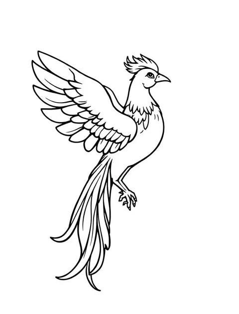 Black-and-white line-art coloring page of a phoenix with flame-like feathers