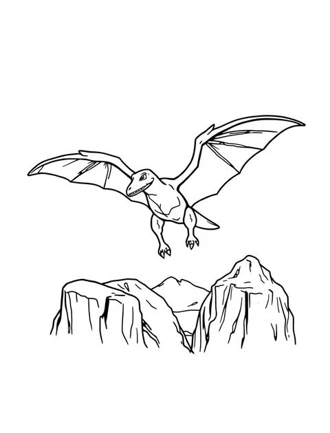 Black-and-white line-art coloring page of a pterodactyl in flight