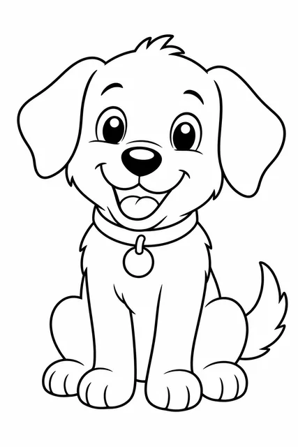Black-and-white line-art coloring page of a sitting puppy