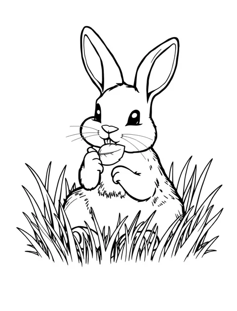Black-and-white line-art coloring page of a rabbit sitting in grass