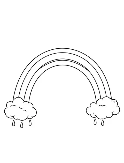 Black-and-white line-art coloring page of a rainbow with clouds and raindrops
