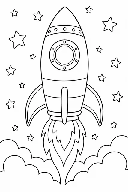 Black-and-white line-art coloring page of a rocket ship launching