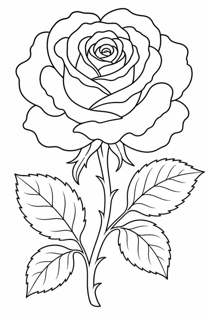 Black-and-white line-art coloring page of a blooming rose