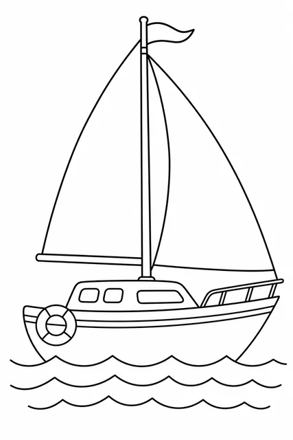 Black-and-white line-art coloring page of a sailboat on water