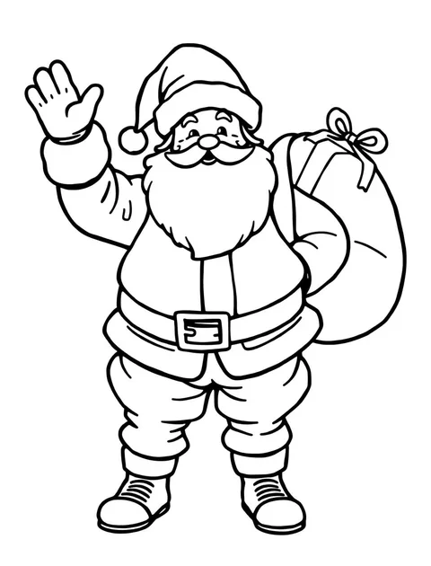 Black-and-white line-art coloring page of Santa Claus with a sack of gifts