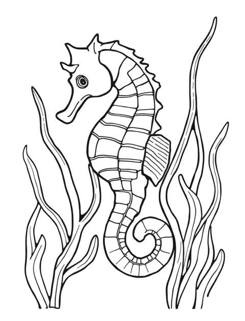 Black-and-white line-art coloring page of a seahorse among seaweed