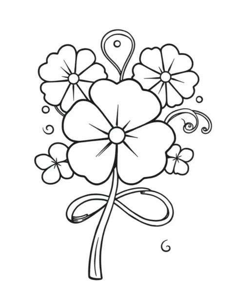 Black-and-white line-art coloring page of shamrocks with decorative swirls