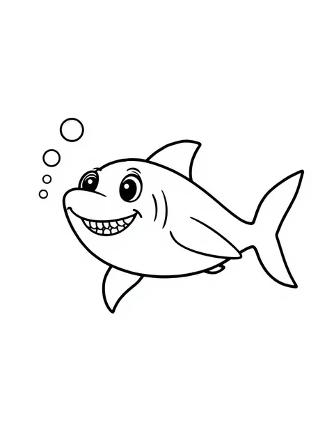 Black-and-white line-art coloring page of a shark swimming