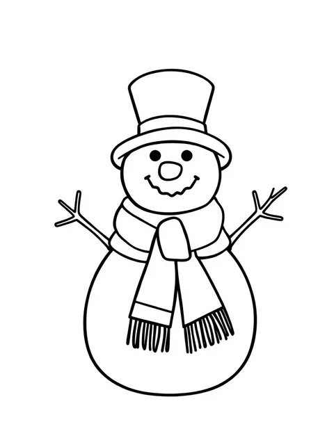 Black-and-white line-art coloring page of a snowman with a scarf and hat