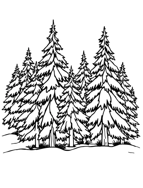 Black-and-white line-art coloring page of pine trees covered in snow