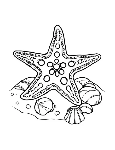 Black-and-white line-art coloring page of starfish and shells on sand