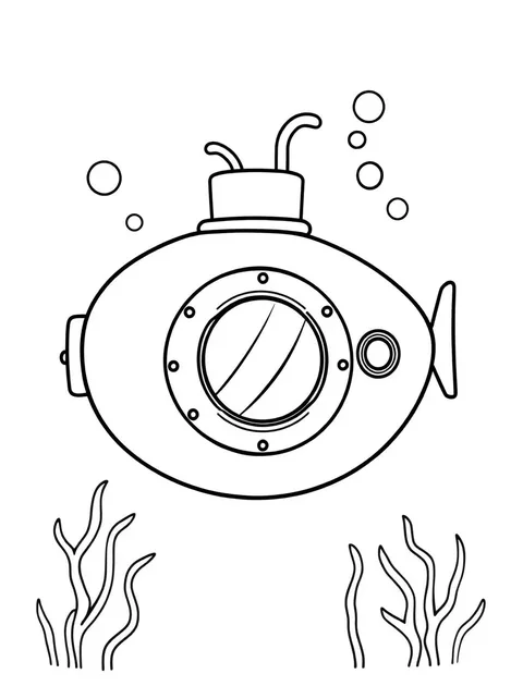 Black-and-white line-art coloring page of a submarine underwater