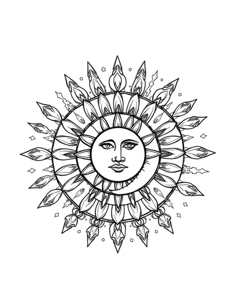 Black-and-white line-art coloring page of a sun and moon mandala