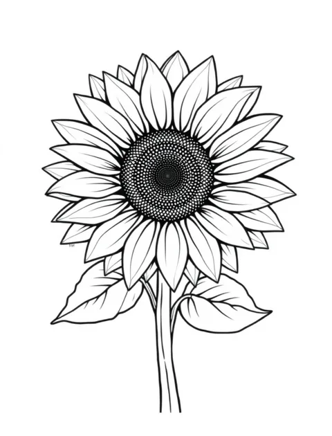 Black-and-white line-art coloring page of a large sunflower