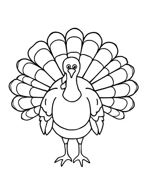 Black-and-white line-art coloring page of a turkey with a fanned tail