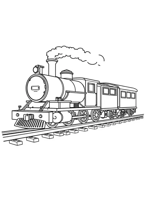 Black-and-white line-art coloring page of a steam train on tracks
