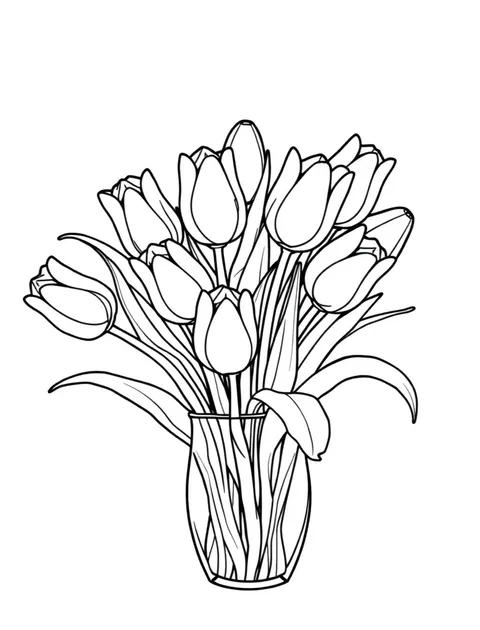 Black-and-white line-art coloring page of a bouquet of tulips in a vase
