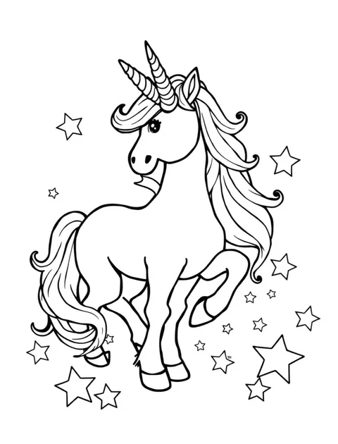 Black-and-white line-art coloring page of a unicorn with a flowing mane