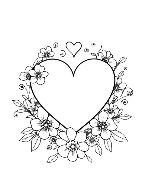 Black-and-white line-art coloring page of a decorated Valentine's heart with flowers