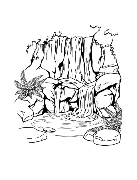 Black-and-white line-art coloring page of a waterfall over rocks