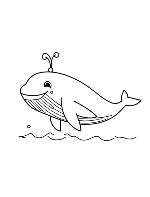 Black-and-white line-art coloring page of a humpback whale with a water spout