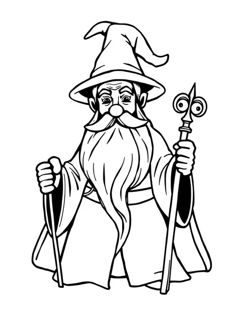 Black-and-white line-art coloring page of a wizard with a staff and long beard