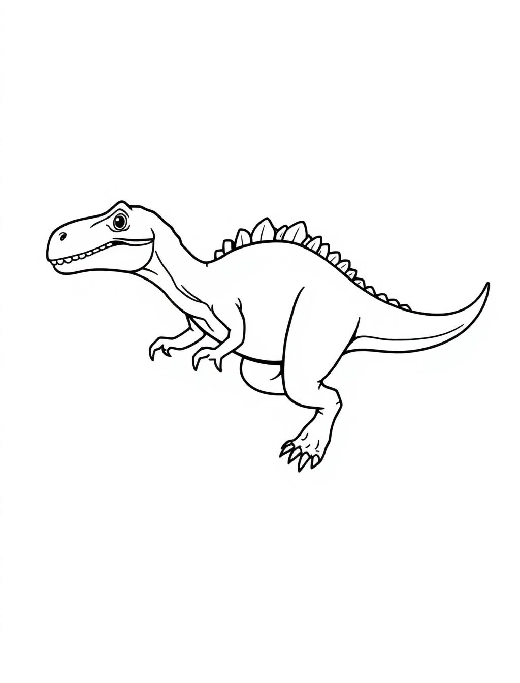 Black-and-white line-art coloring page of a running velociraptor
